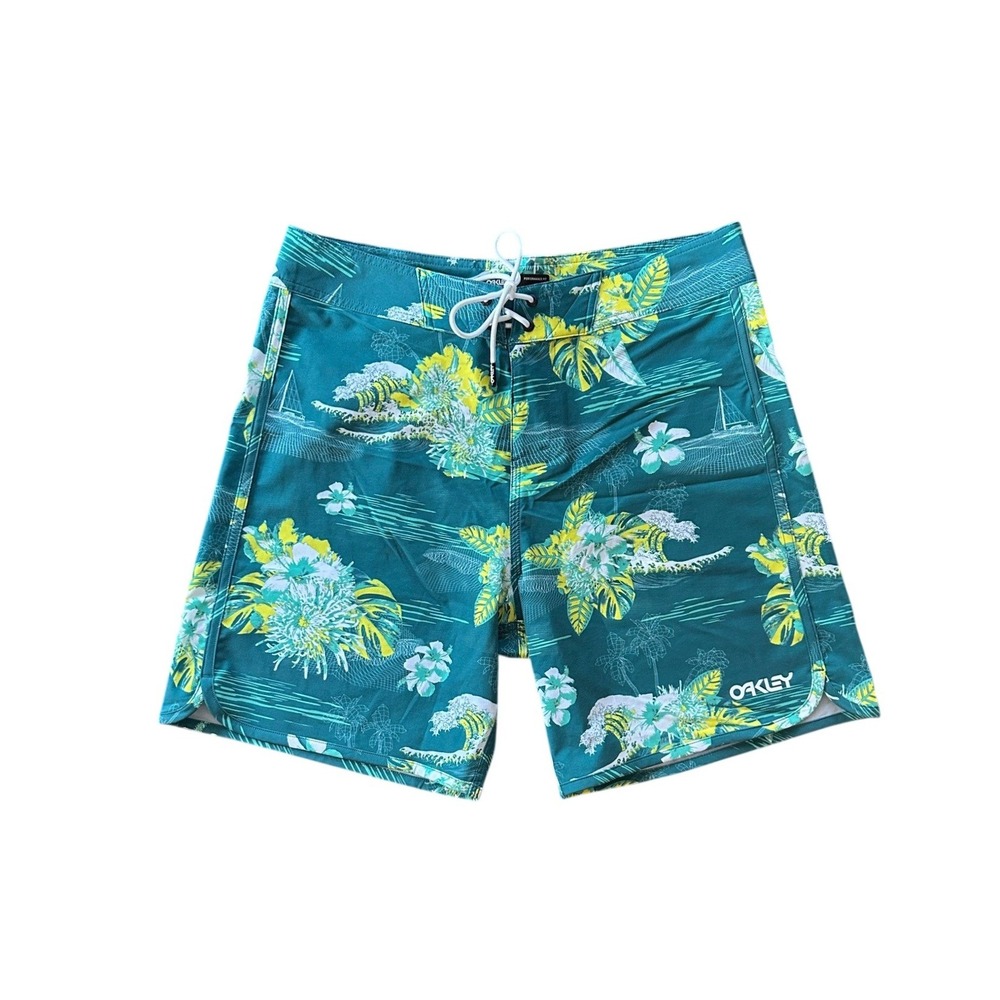 Oakley Mens Performance Fit Board Shorts Teal Tropical Floral Wave Print Size 32